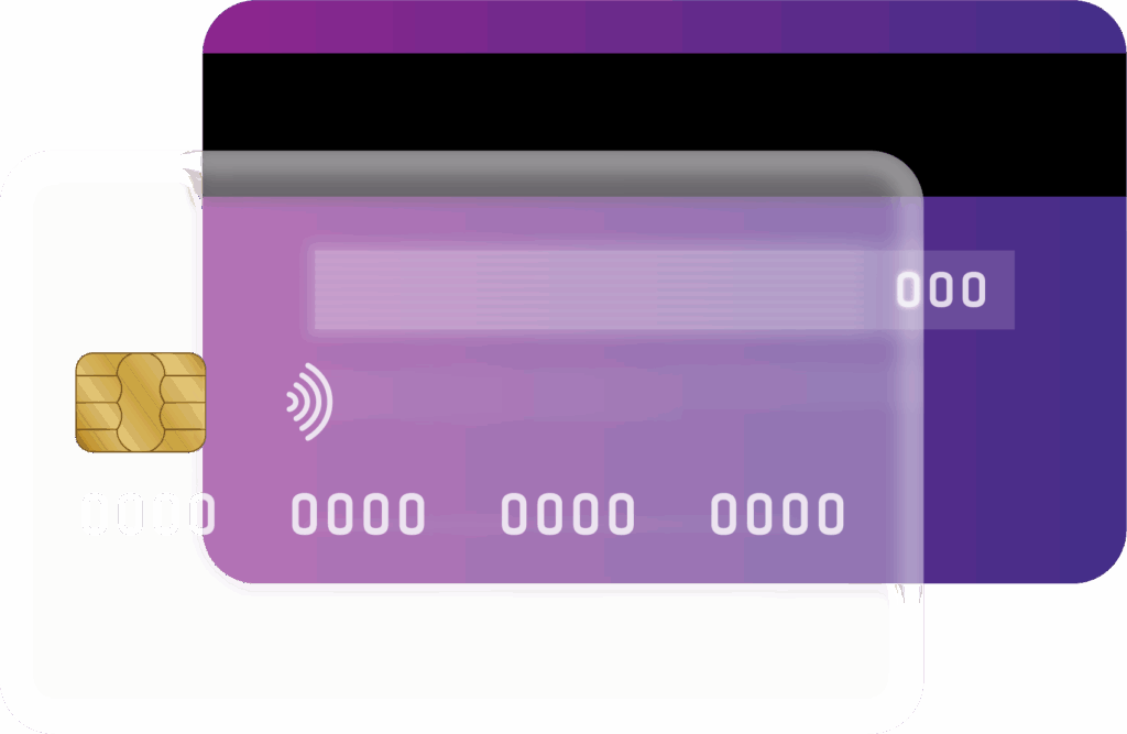 Credit card with a purple background and contactless payment symbol.