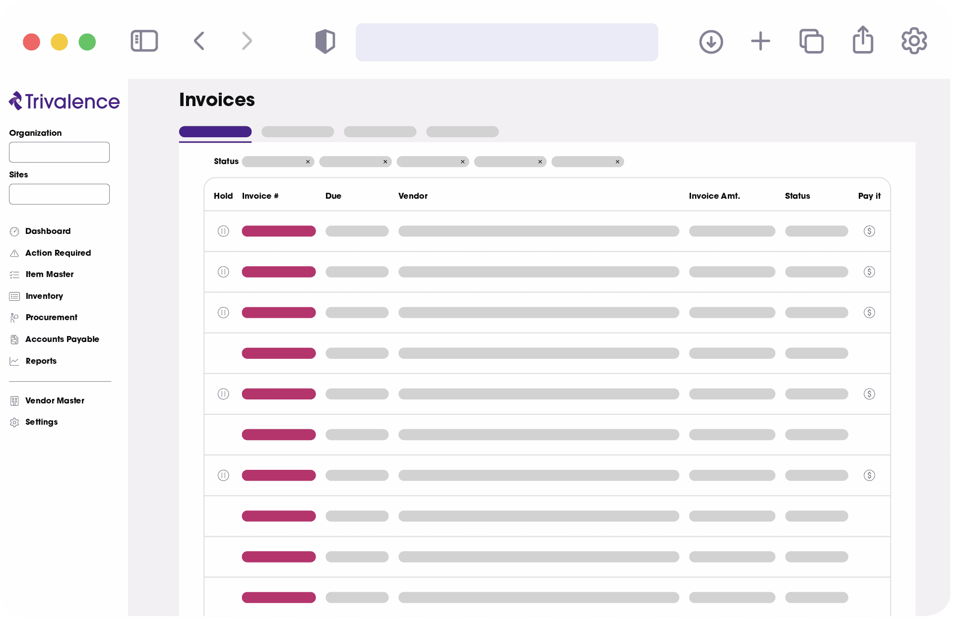 Invoice management dashboard interface showing a list of invoices with status indicators and details.