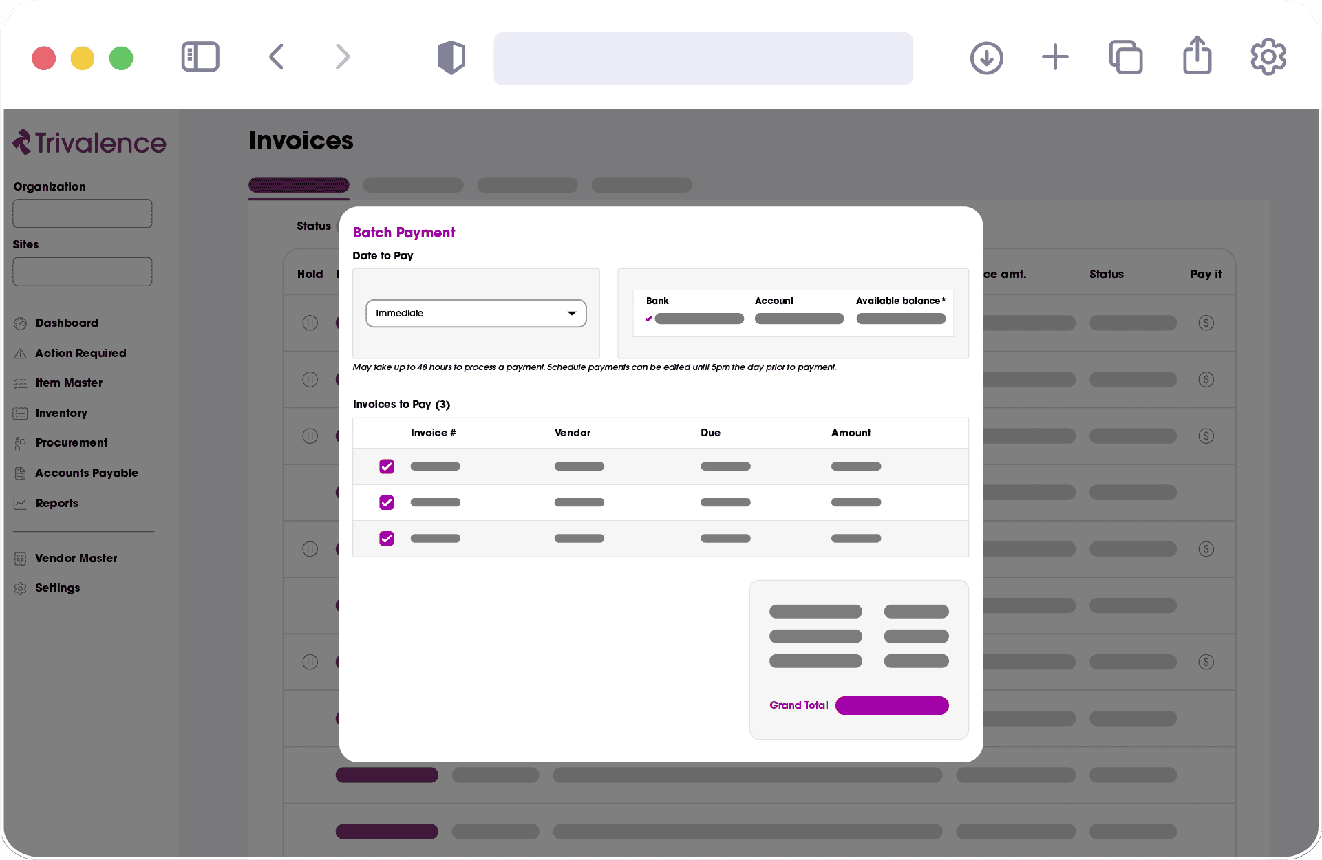Screenshot of a batch payment processing interface within invoicing software, showing multiple invoices, payment details, and a grand total button.