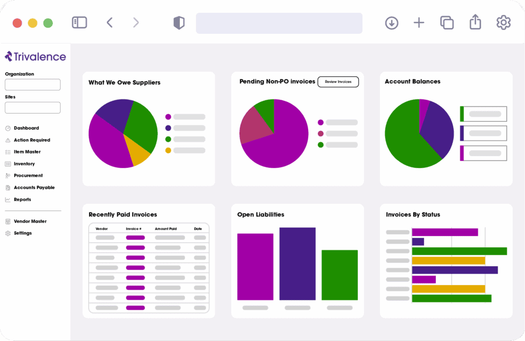 A comprehensive financial dashboard displaying various charts and graphs related to supplier payments, invoices, account balances, and liabilities for business analysis.