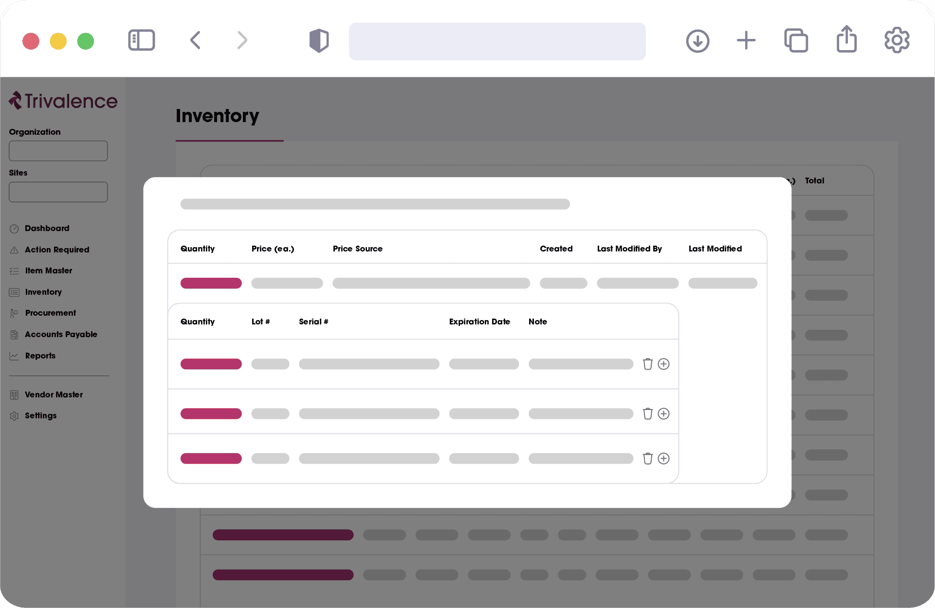An image of an inventory management interface displaying item quantities, prices, and details within a software dashboard.