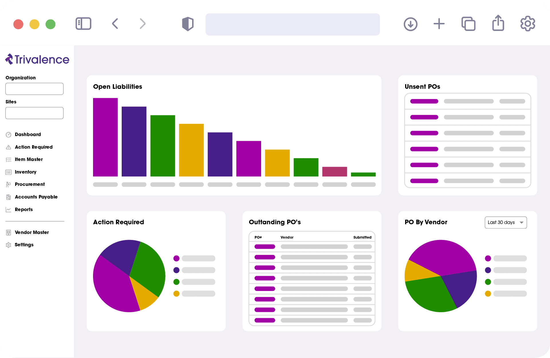 Financial dashboard displaying various charts and graphs related to open liabilities, outstanding purchase orders, and vendor-specific data. The interface includes colorful visualizations for easy analysis